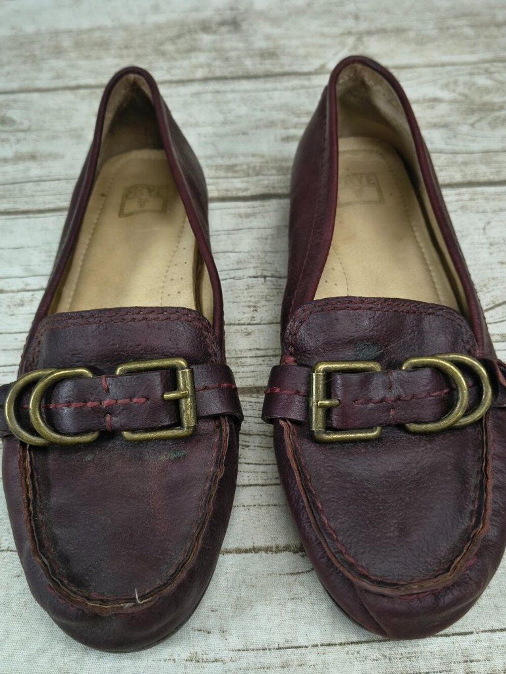 Frye Melanie Buckle Loafers Burgundy Wine Red Leather Slip On Flats Size 9M